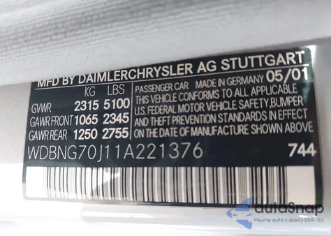 2001 Mercedes-Benz S 430 из США, поврежденный, VIN WDBNG70J11A221376